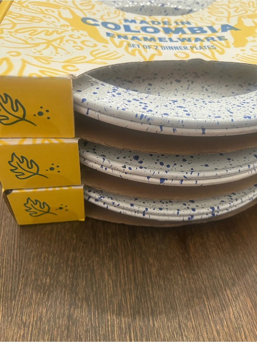 White Blue Speckled Enamelware Dinner Plate 3 of 2 Set - 100% Steel